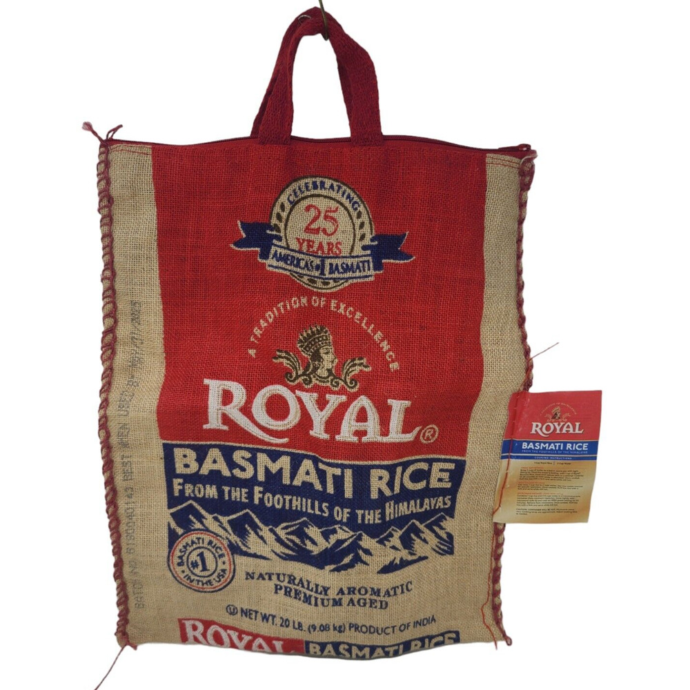 Royal Basmati Rice 25 Years Burlap Sack Tote Shop Bag Zipper Top With Handles